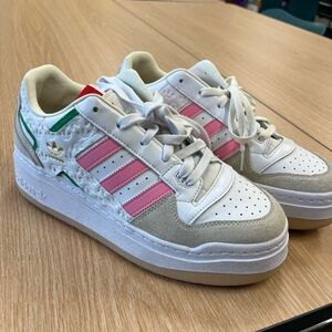 Adidas Women's White Sneakers with Pink and Green Accents